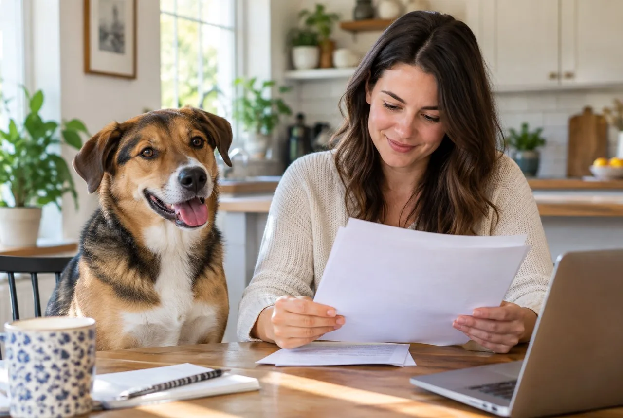 Owner reading insurance papers at a desk beside a brown-and-white dog